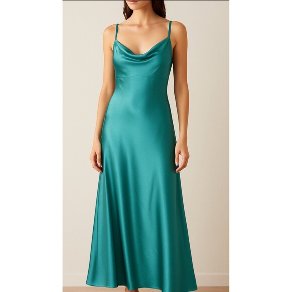 Vintage Satin Teal Slip Dress Women’s XL Adjustable Spaghetti Strap Cowl Neck - Picture 4 of 5